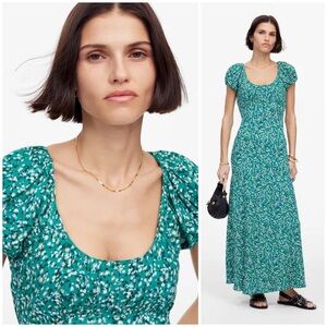 Madewell Floral Ruched Scoop Neck Maxi Dress in Kelly Green Multi Size 6 NWT